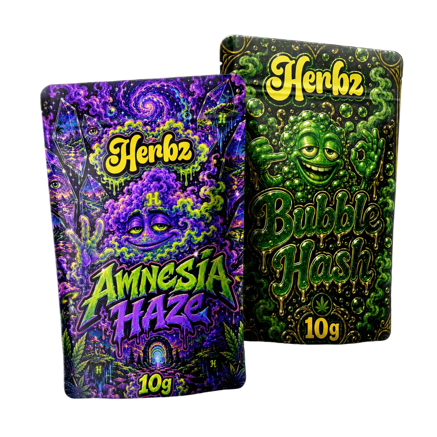 Pack de 20 g de Amnesia Haze y Bubble Hash THCA con cogollos y hachís sobre fondo negro