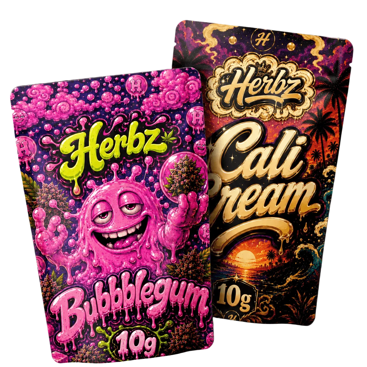 Bubblegum og Cali Cream 20g THCA bundle med topskud og static hash på sort baggrund