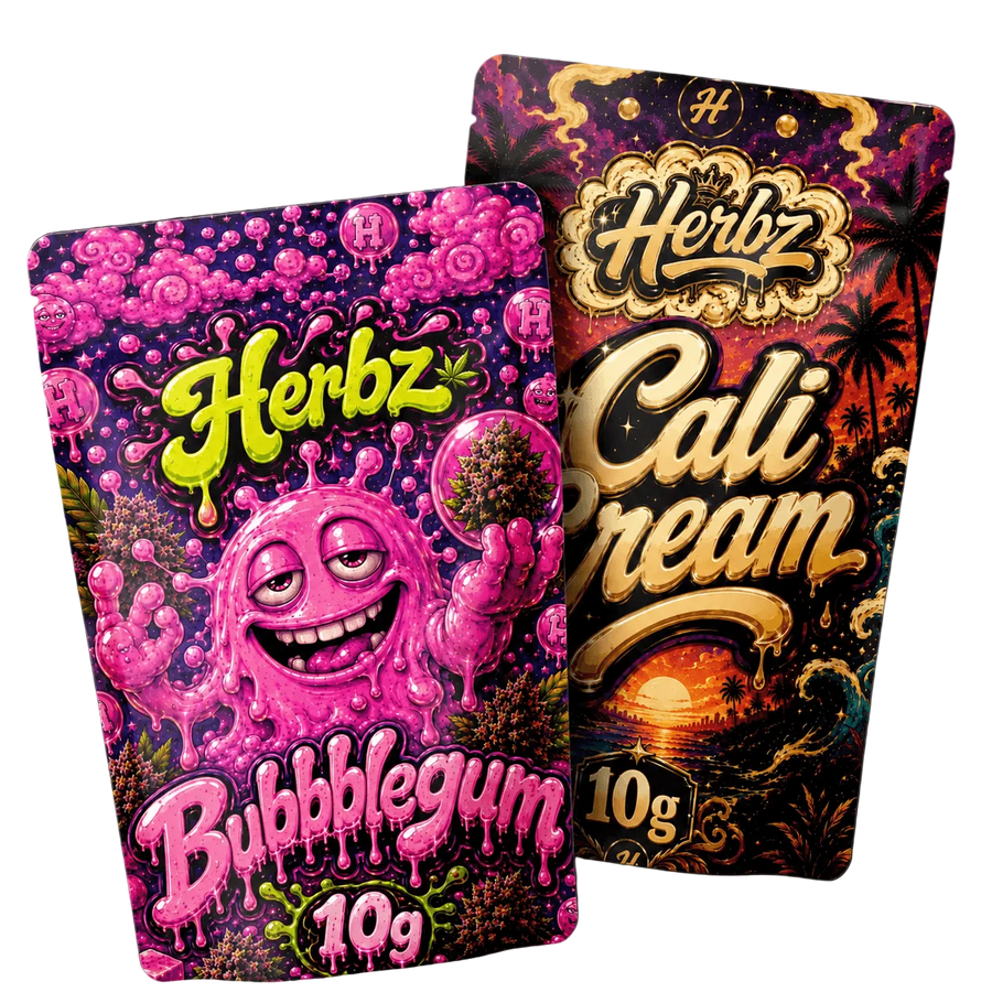Pack Bubblegum et Cali Cream 20g THCA avec têtes et static hash sur fond noir