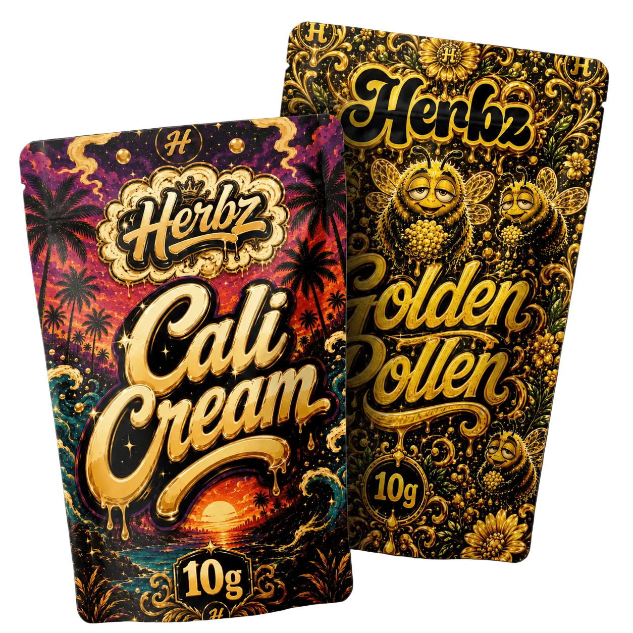 Cali Cream og Golden Pollen 20g THCA bundle med to hashvarianter på sort baggrund