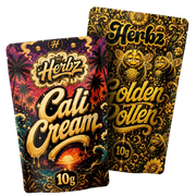 Cali Cream og Golden Pollen 20g THCA bundle med to hashvarianter på sort baggrund