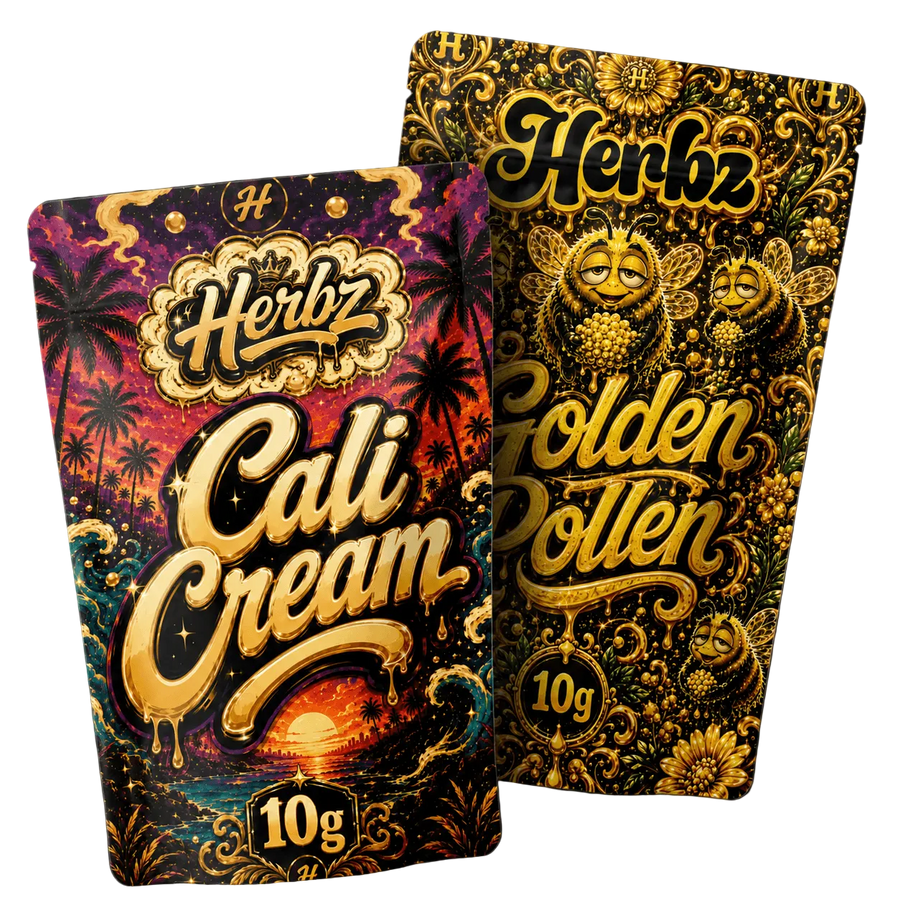 Cali Cream og Golden Pollen 20g THCA bundle med to hashvarianter på sort baggrund