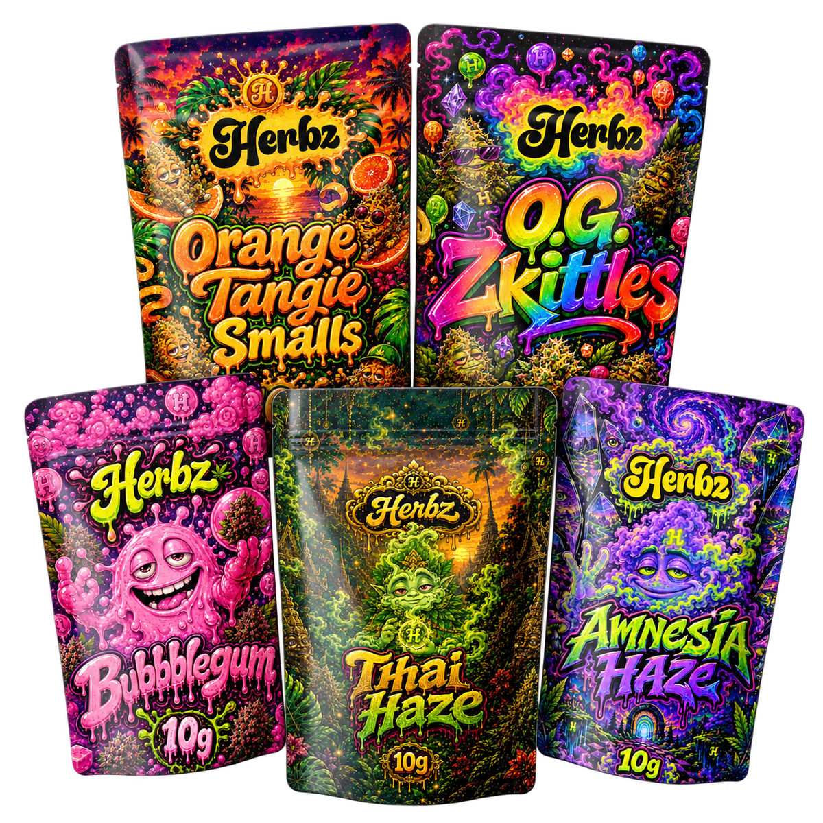 Herbz 50g THCA bundle med Amnesia Haze, Bubblegum, O.G. Zkittles, Orange Tangie Smalls og Thai Haze