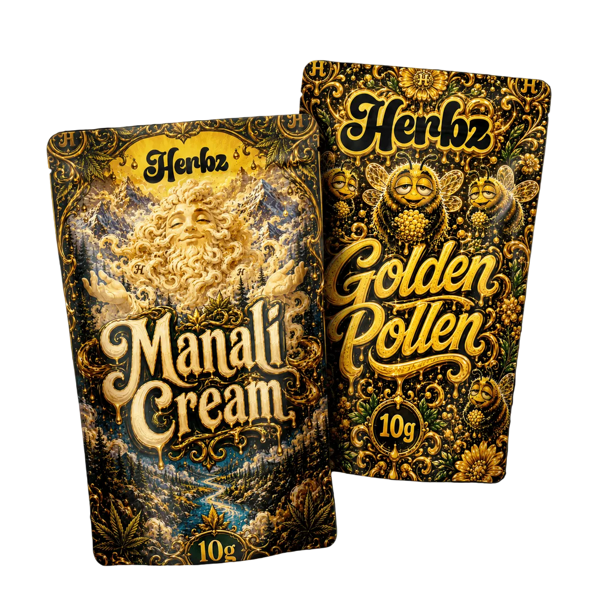Golden Pollen og Manali Cream 20g THCA bundle med to hashvarianter på sort baggrund