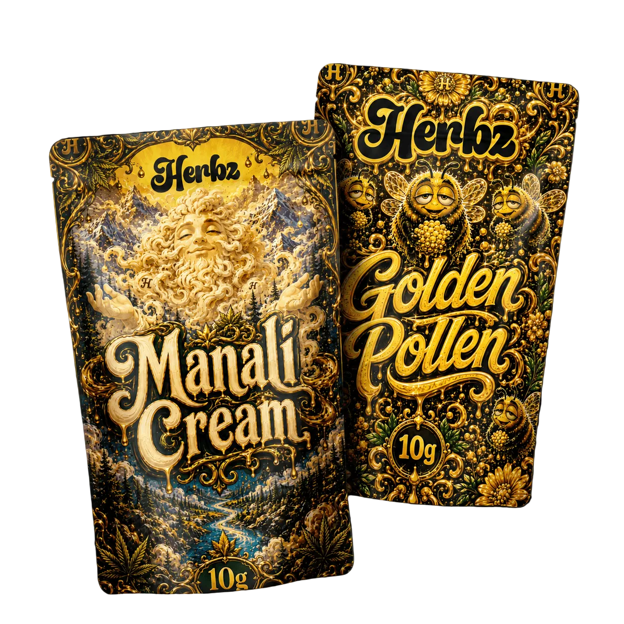 Golden Pollen og Manali Cream 20g THCA bundle med to hashvarianter på sort baggrund