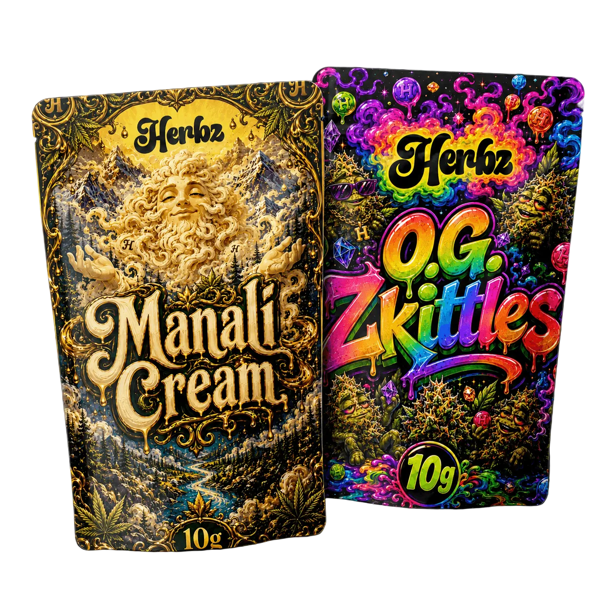 Manali Cream og O.G. Zkittles 20g THCA bundle med static hash og topskud på sort baggrund
