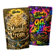 Manali Cream og O.G. Zkittles 20g THCA bundle med static hash og topskud på sort baggrund
