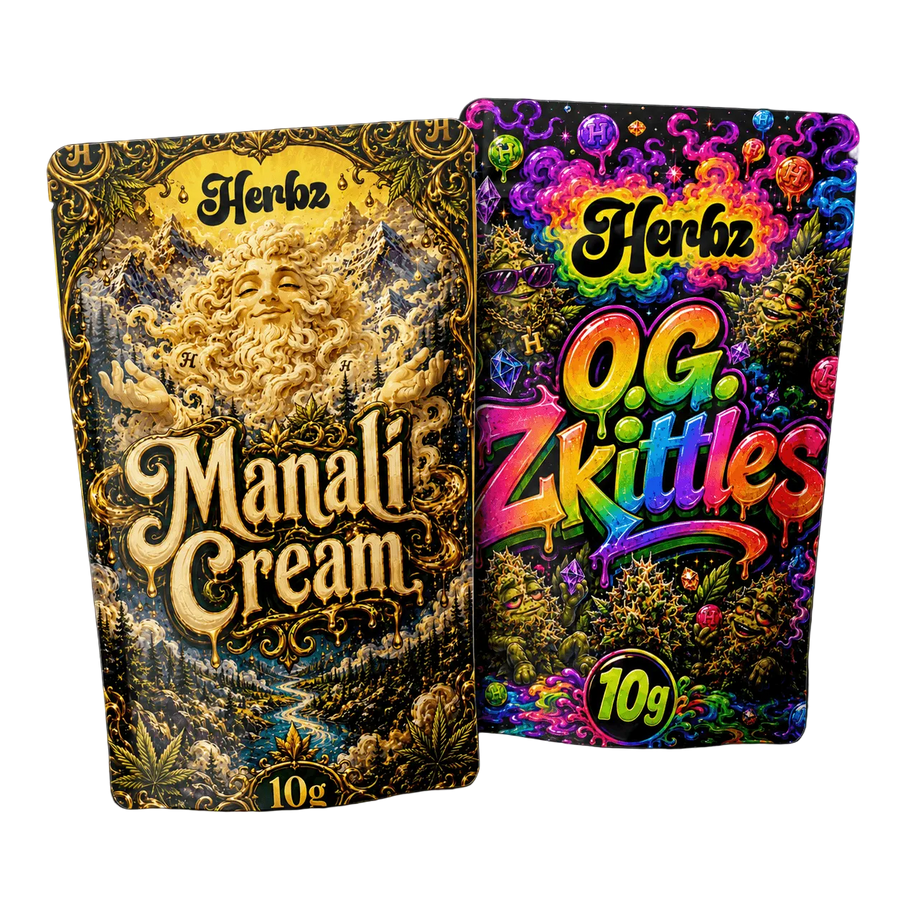 Manali Cream og O.G. Zkittles 20g THCA bundle med static hash og topskud på sort baggrund
