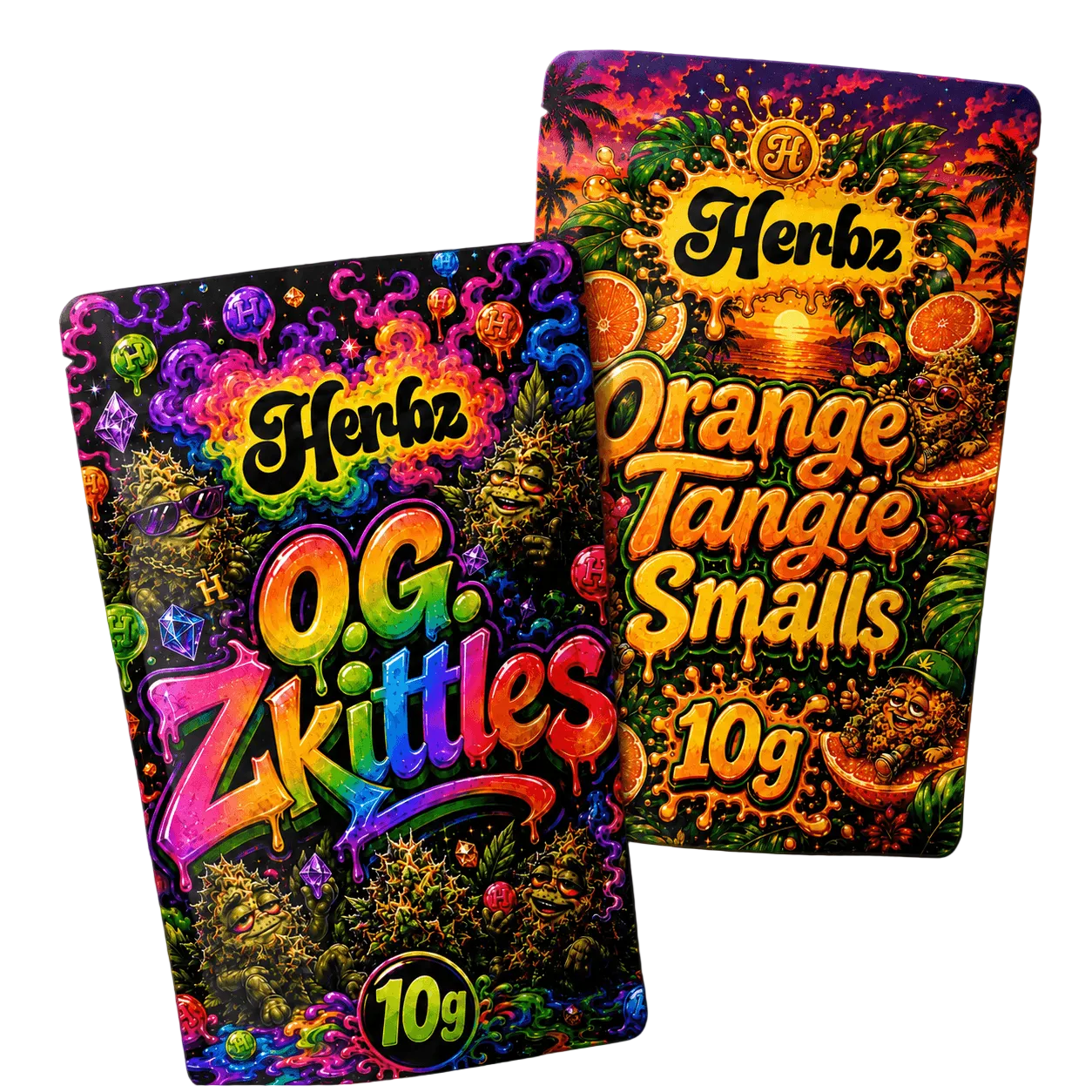 O.G. Zkittles og Orange Tangie Smalls 20g THCA bundle med to flower-produkter på sort baggrund