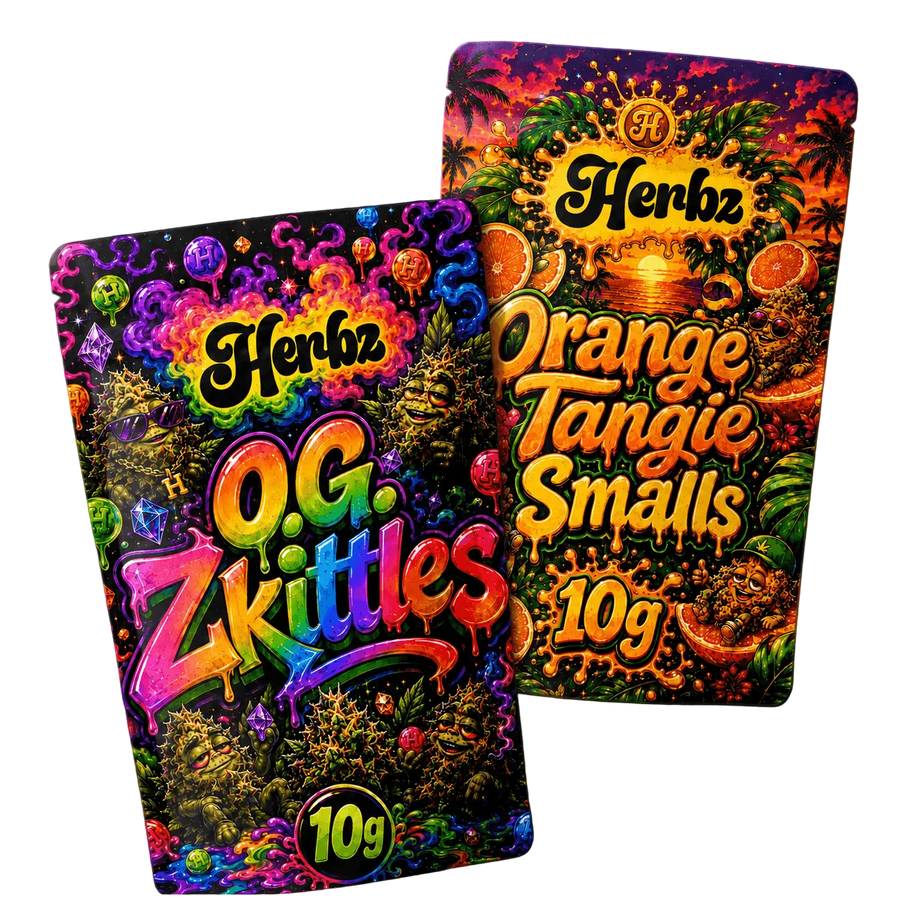 O.G. Zkittles og Orange Tangie Smalls 20g THCA bundle med to flower-produkter på sort baggrund