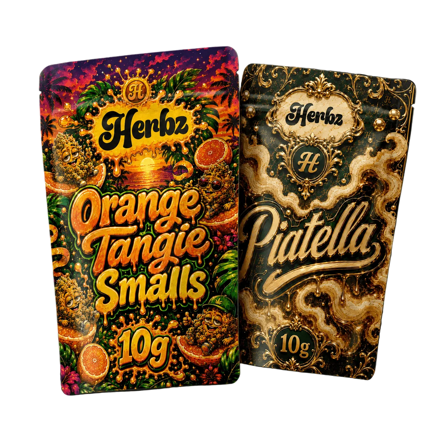 Orange Tangie Smalls og Piatella 20g THCA bundle med popcorn buds og ice water hash på sort baggrund