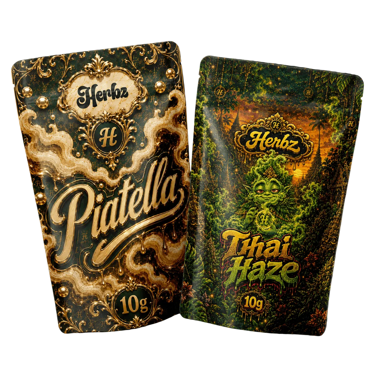 Piatella og Thai Haze 20g THCA bundle med ice water hash og topskud på sort baggrund