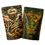 Piatella og Thai Haze 20g THCA bundle med ice water hash og topskud på sort baggrund