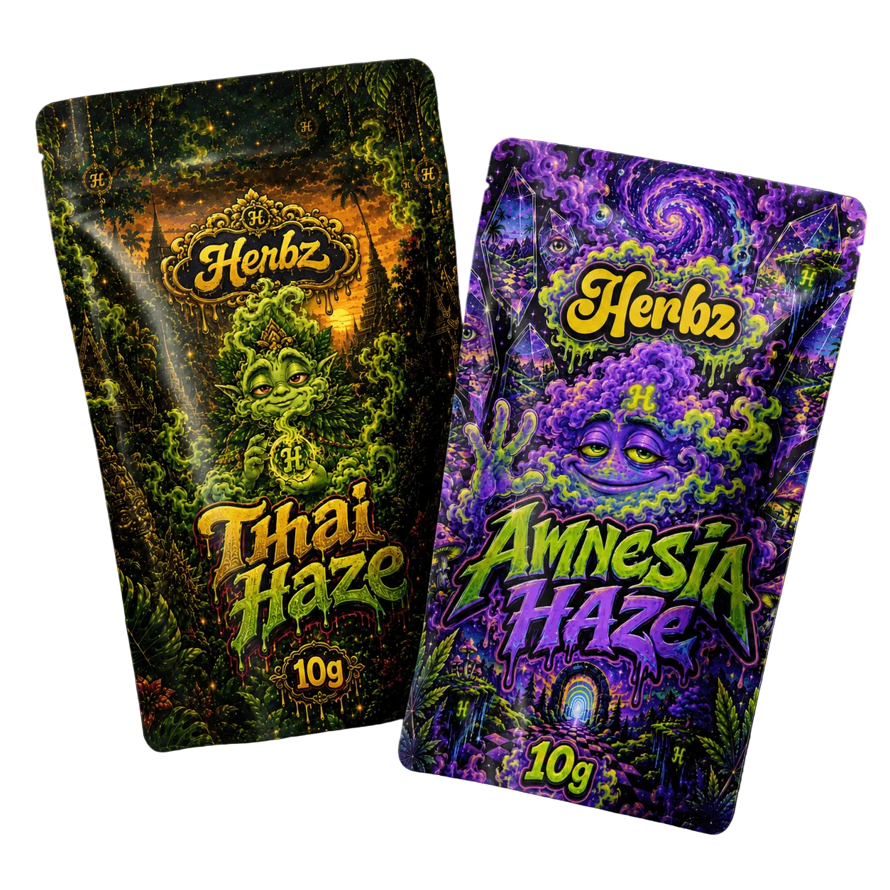 Thai Haze og Amnesia Haze 20g THCA bundle med to haze-topskud på sort baggrund