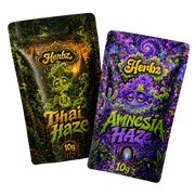 Thai Haze og Amnesia Haze 20g THCA bundle med to haze-topskud på sort baggrund