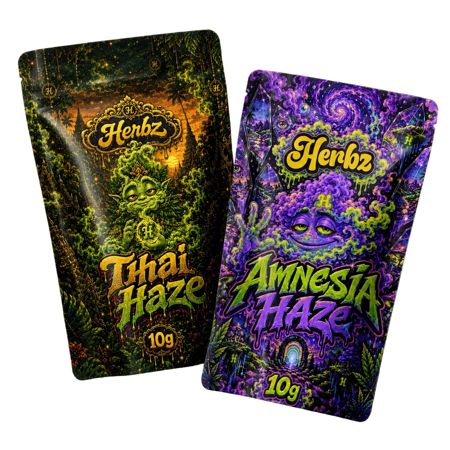 Thai Haze og Amnesia Haze 20g THCA bundle med to haze-topskud på sort baggrund