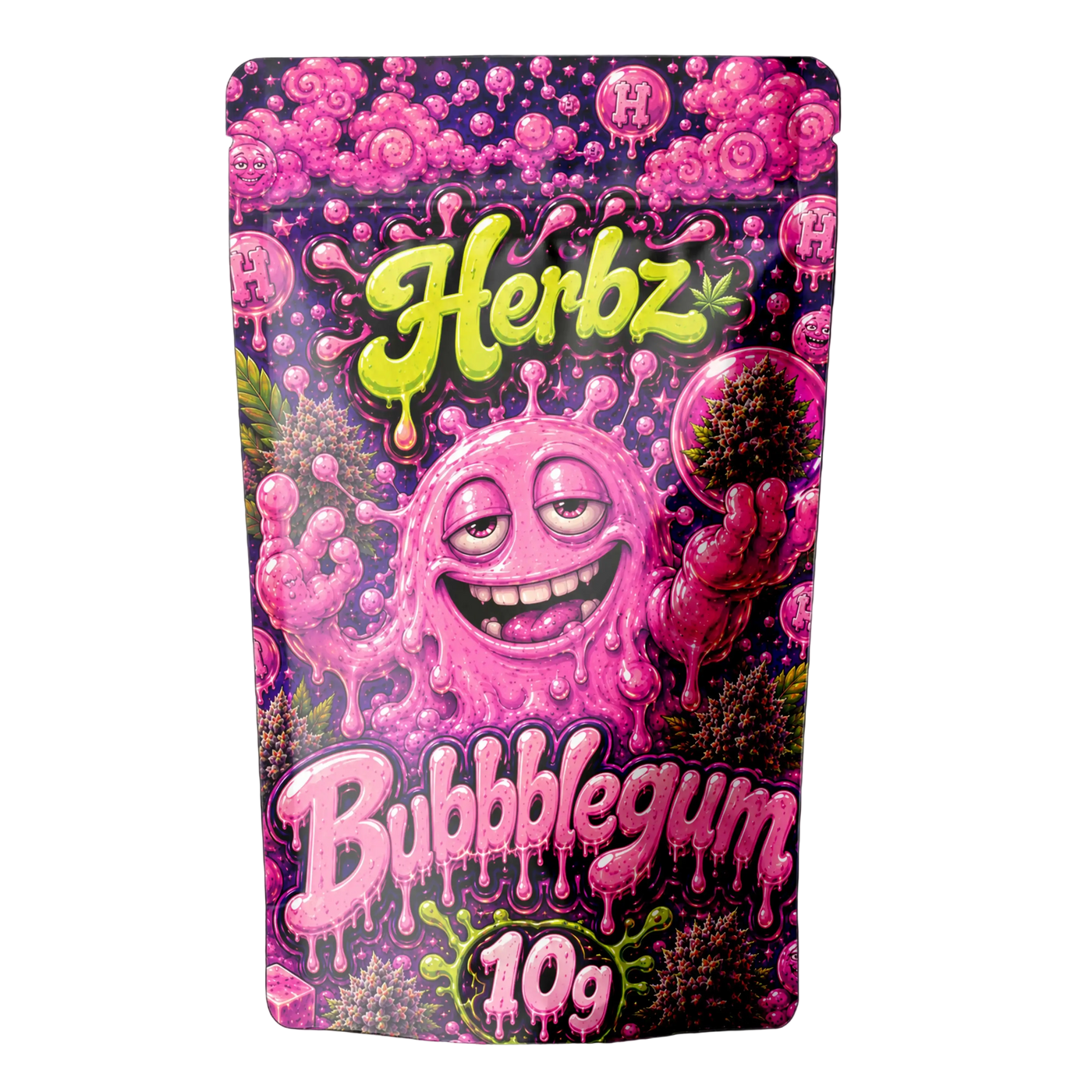 Bubblegum 25% THCA indoor flower med kraftigt frostet trichomlag på sort baggrund