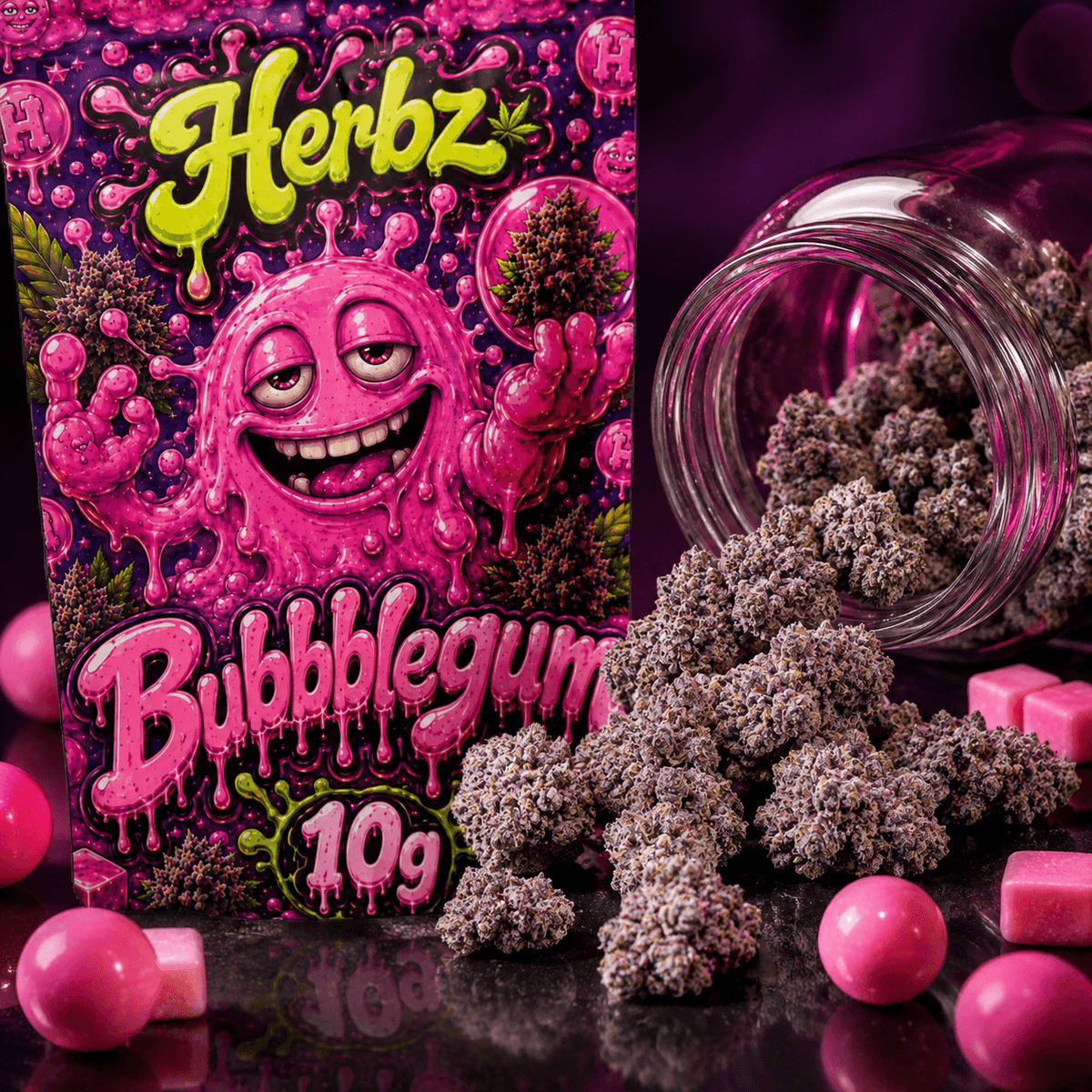 Detailní záběr Bubblegum 25% THCA se zelenými odstíny a oranžovými pestíky