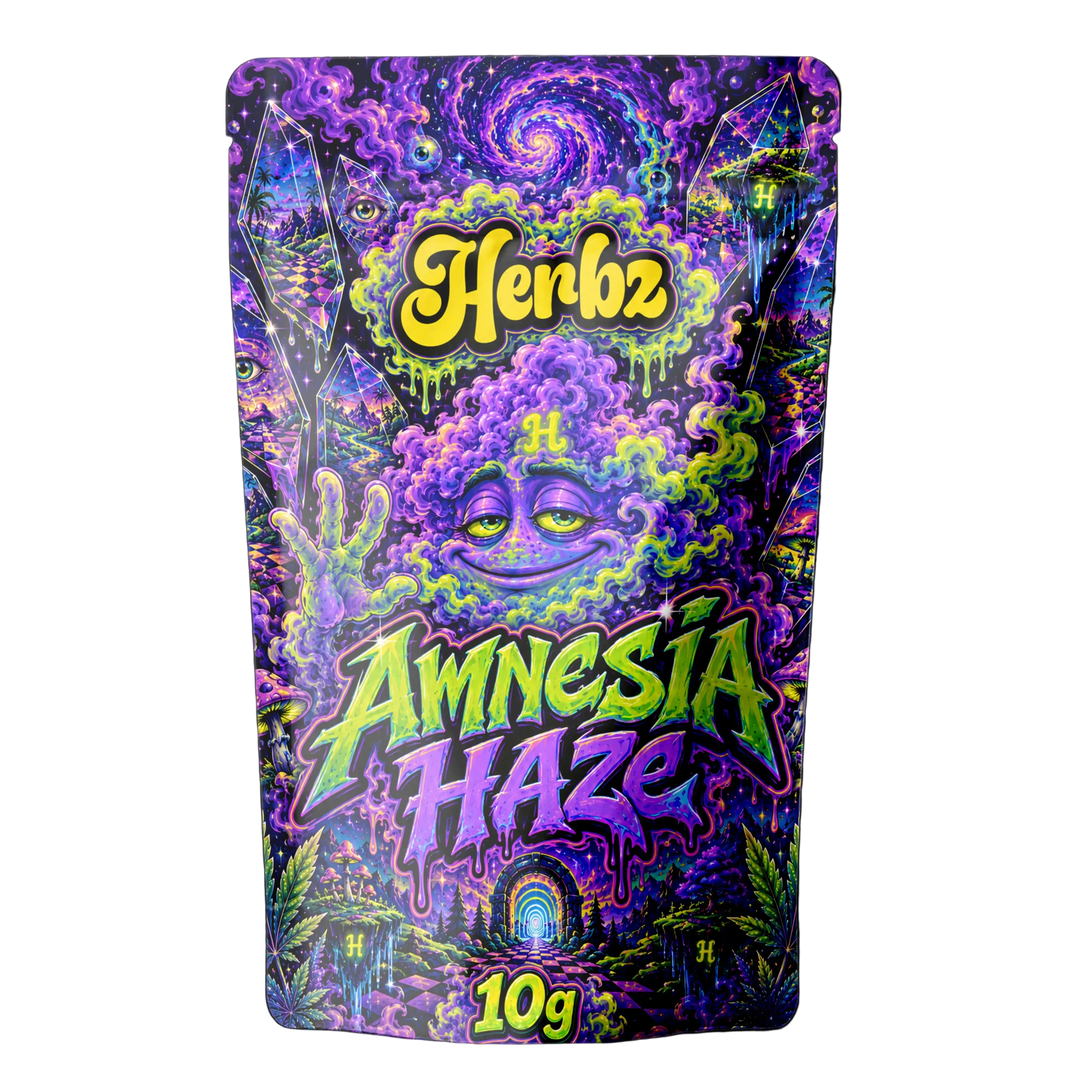 Amnesia Haze 23% THCA topskud med lyst frostet trichomlag på sort baggrund