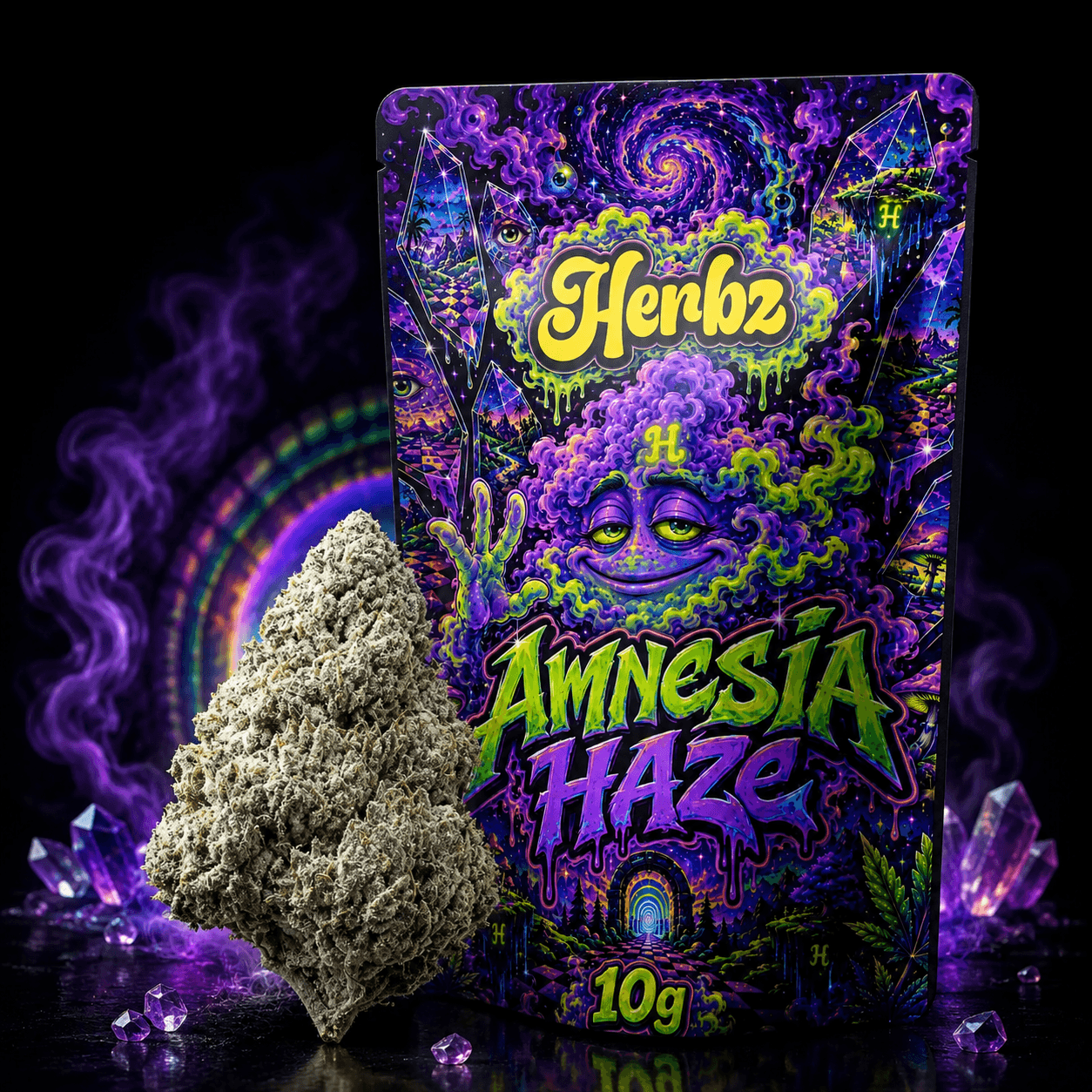 Detailní záběr Amnesia Haze 23% THCA se zelenými odstíny a oranžovými pestíky