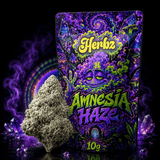 Nærbillede af Amnesia Haze 23% THCA med grønne nuancer og orange pistiller