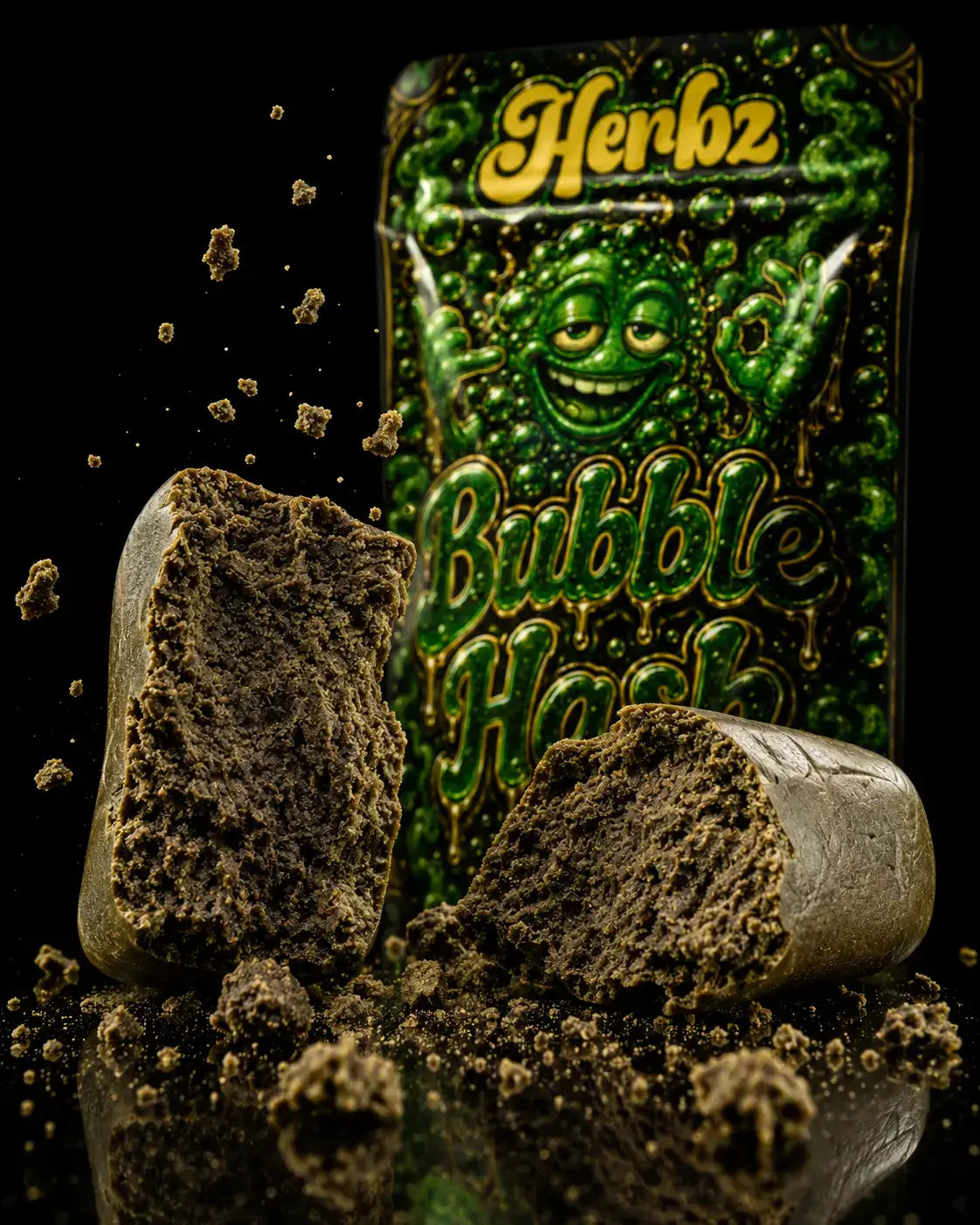 Detailní záběr Bubble Hash 50% THCA s kompaktní strukturou hashe