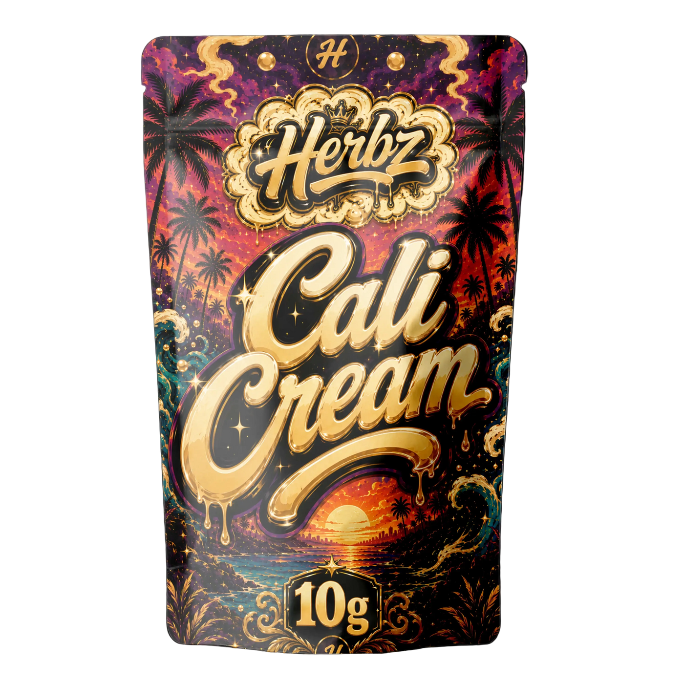 Cali Cream 50% THCA static hash med Herbz emballage på sort baggrund
