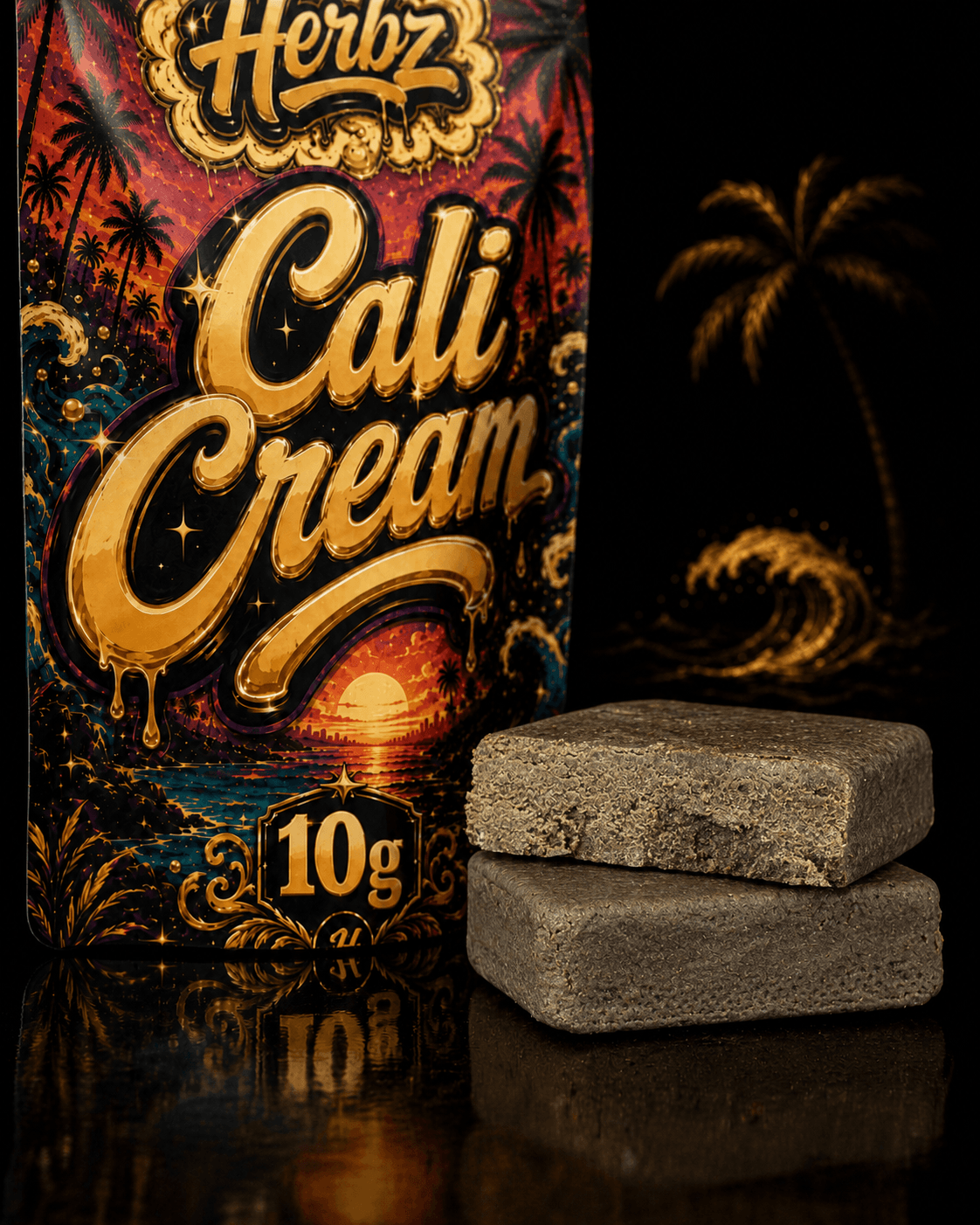 Cali Cream 50% THCA bloky hashe s tmavým zlatohnědým povrchem a porézním středem