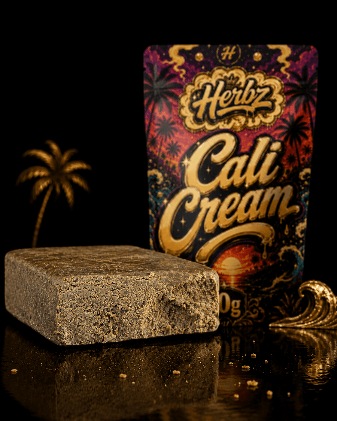 Statický snímek Cali Cream hash před barevným balením Herbz 10g