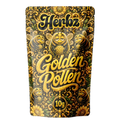 Golden Pollen 30% THCA dry sift hash med Herbz emballage på sort baggrund