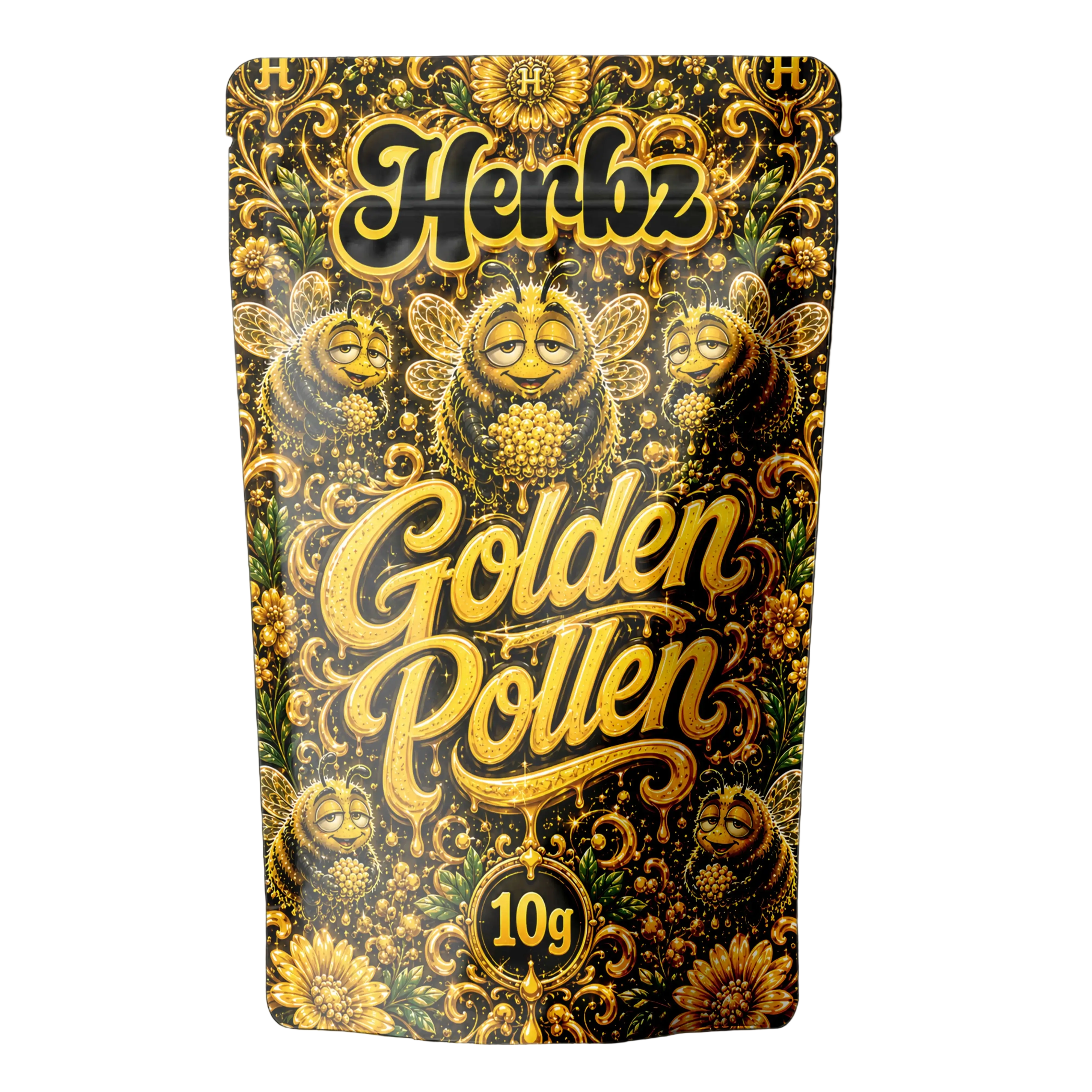 Golden Pollen 30% THCA dry sift hash med Herbz emballage på sort baggrund
