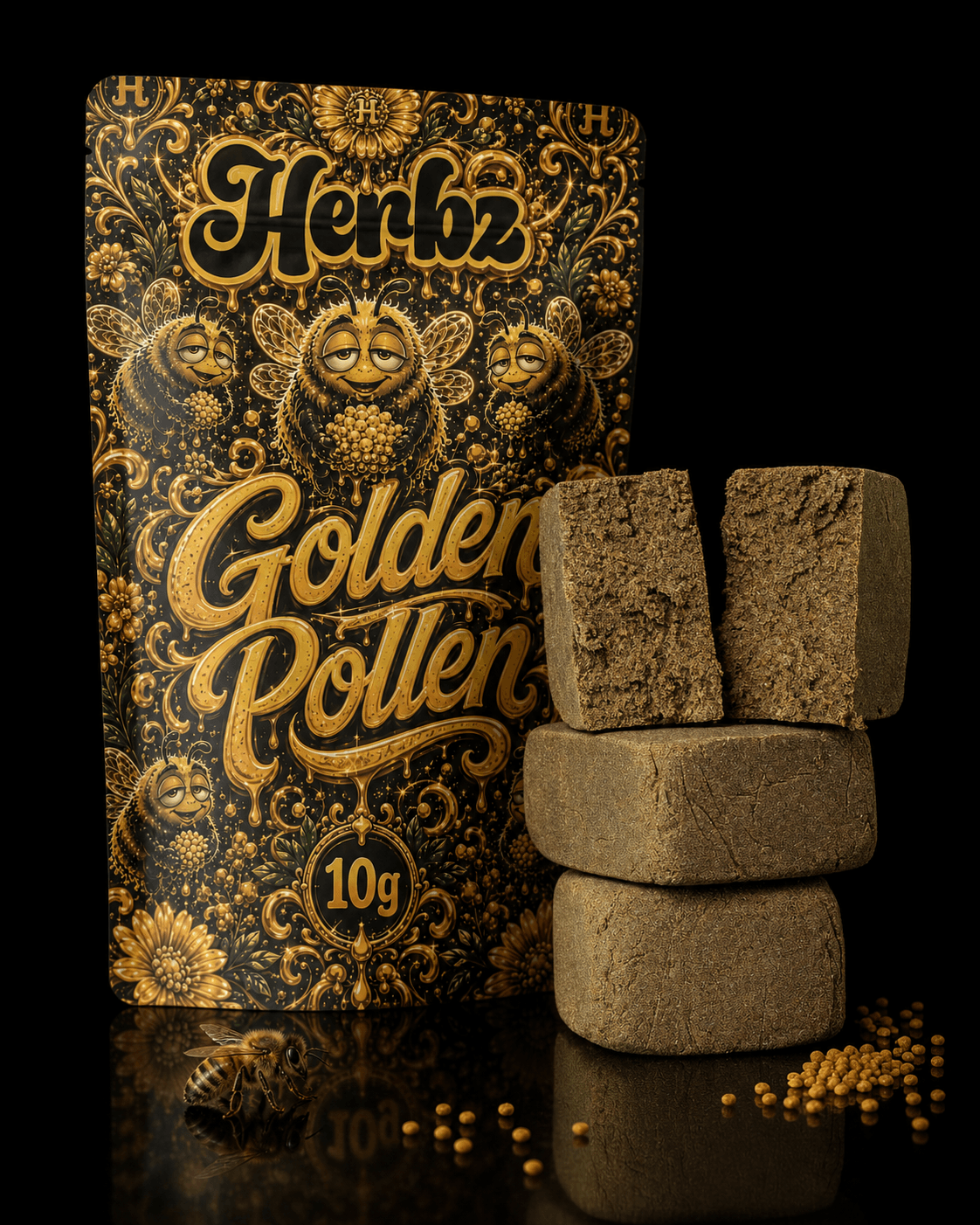 Golden Pollen dry sift hash před černým a zlatým obalem Herbz 10g
