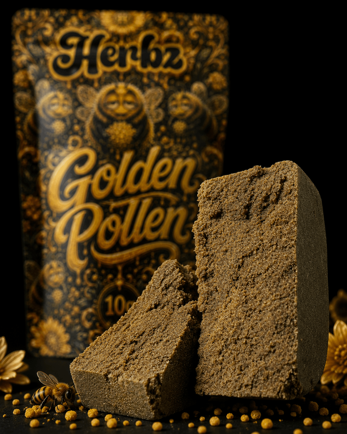 Golden Pollen 30% THCA s pevným povrchem a zrnitou vnitřní strukturou