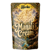 Hachís static Manali Cream 40% THCA con una estructura oscura y rica en resina sobre fondo negro