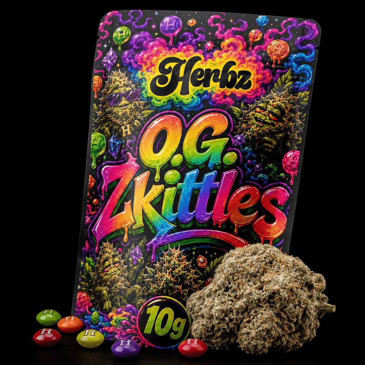 O.G. Zkittles hybridní vrcholové květy s hutnou strukturou a bílou vrstvou pryskyřice
