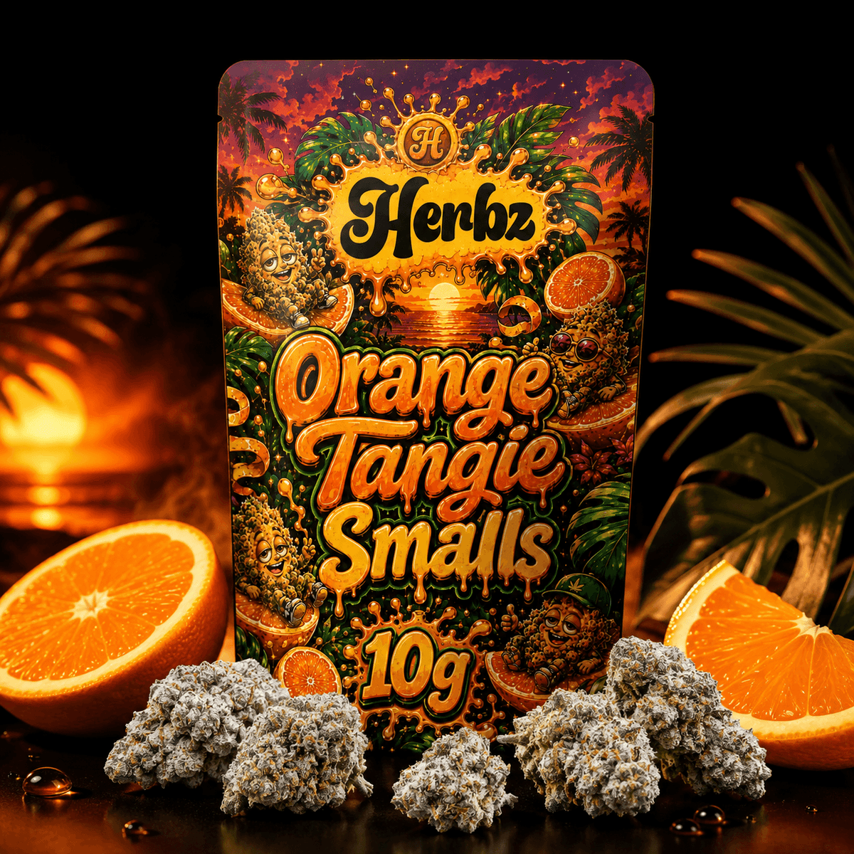 Detailní záběr Orange Tangie Smalls 22% THCA se zelenými odstíny a oranžovými pestíky