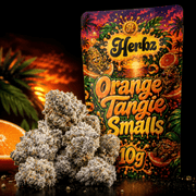 Herbz Orange Tangie Smalls emballage med orange og tropisk design