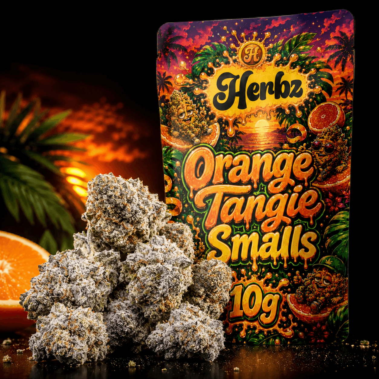 Herbz Orange Tangie Smalls Verpackung mit orangefarbenem und tropischem Design