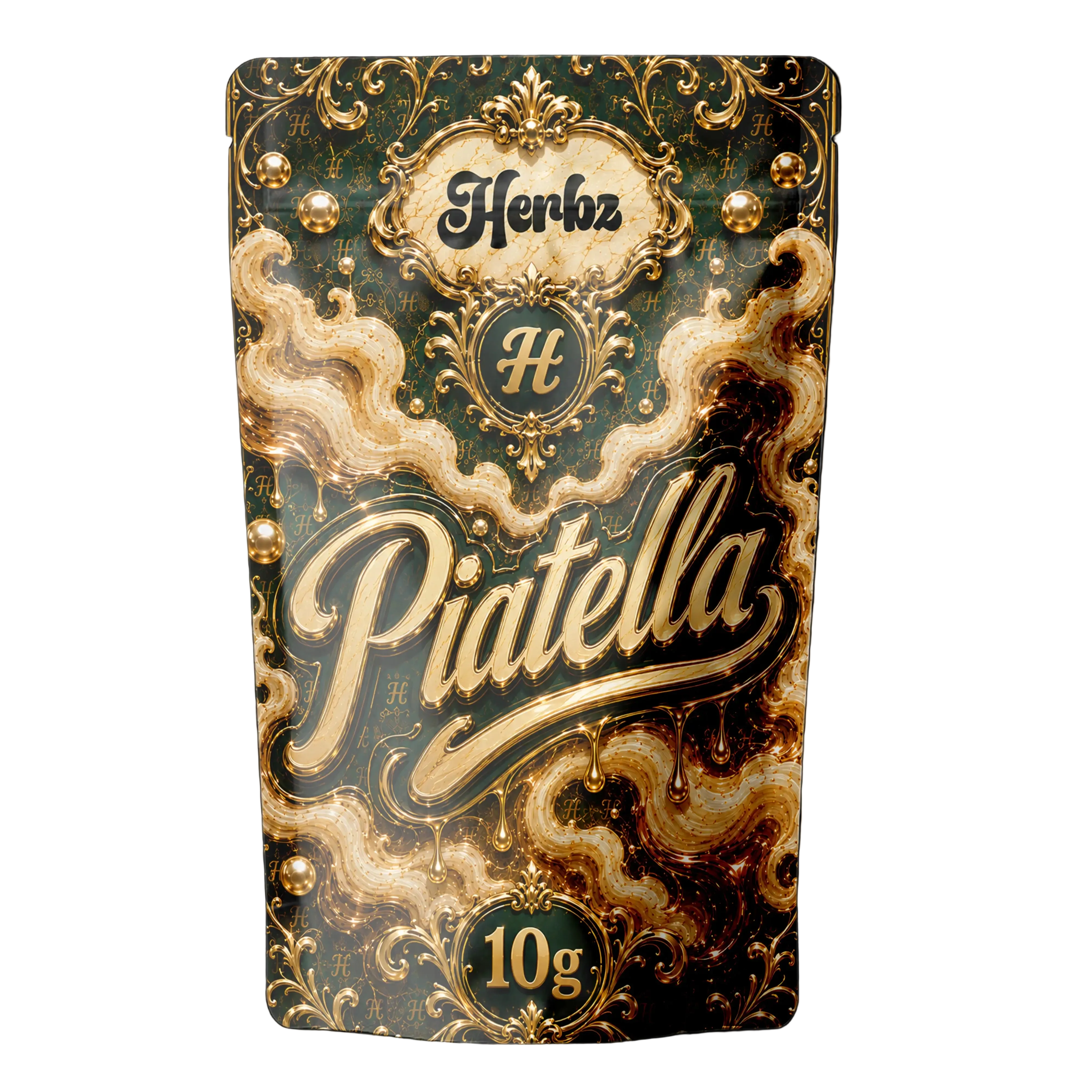 Piatella 60% THCA ice water hash med lys gylden farve og Herbz emballage