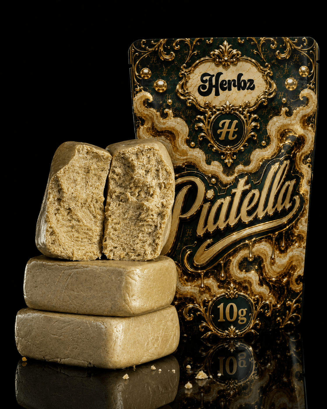Hachís ice water Piatella delante de un envase de 10 g de Herbz en negro y dorado
