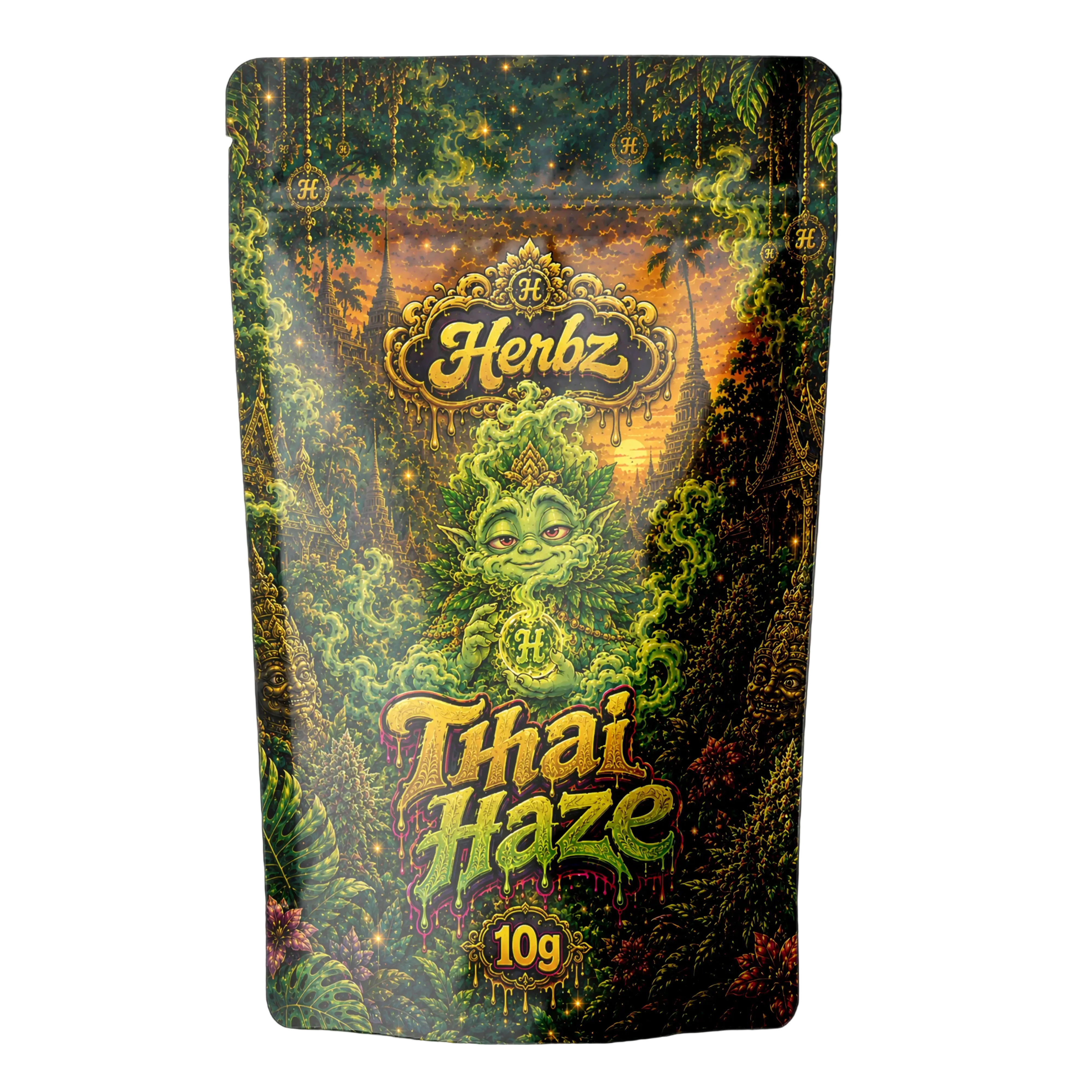 Thai Haze 23% THCA topskud med kraftigt frostet trichomlag på sort baggrund