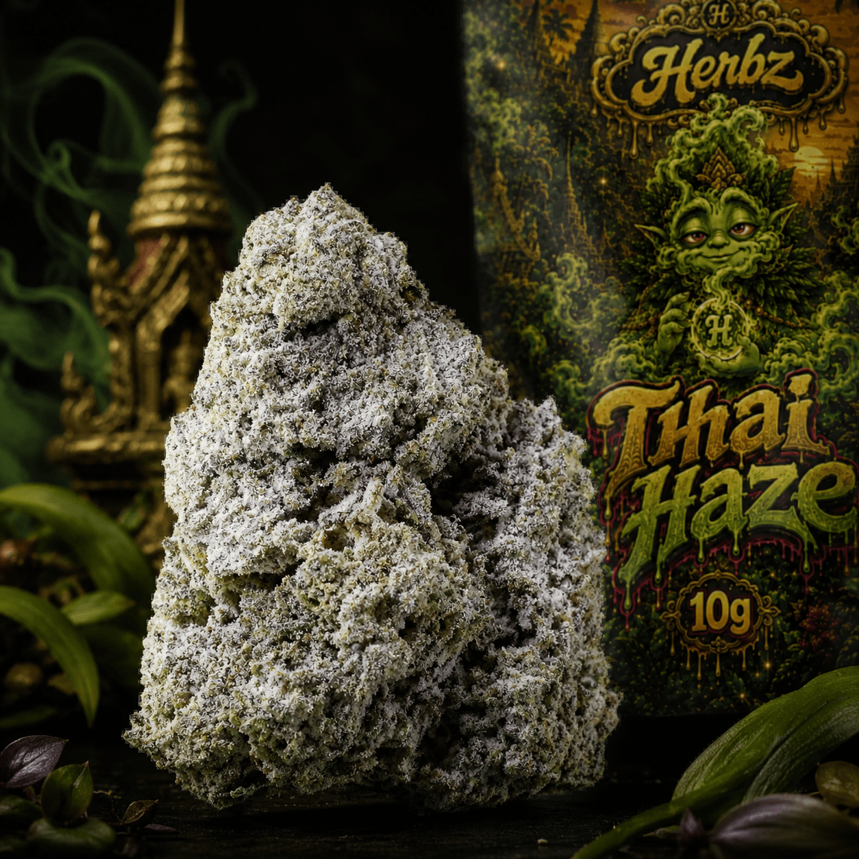 Vrcholové květy Thai Haze s hutnou strukturou a bílou vrstvou pryskyřice